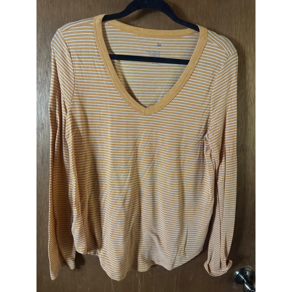 SO Favorite V-Neck Long Sleeve Striped Tee Mustard Yellow White Women Medium